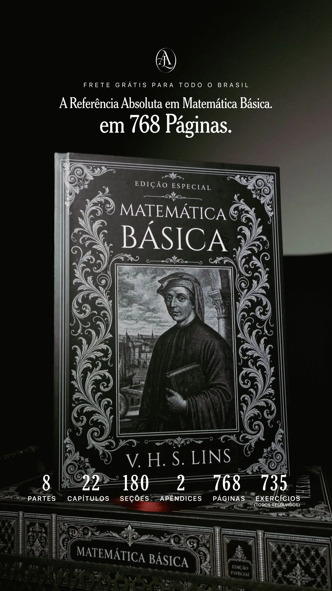 O mesmo quadro em formato vertical de story, com a chamada “A Referência Absoluta em Matemática Básica, em 768 páginas” e a ficha do livro sobre a imagem