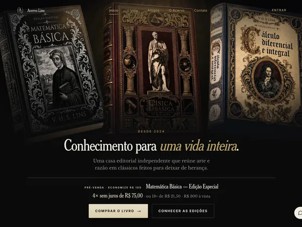Página inicial de acervolins.com, com as capas e o botão de compra