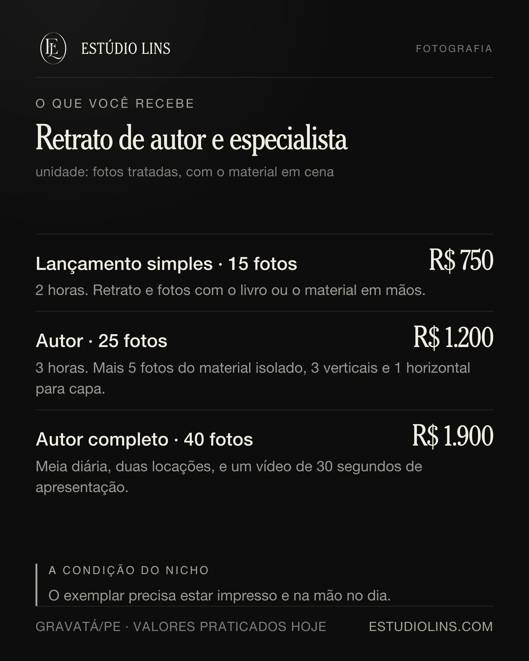 O que você recebe em retrato de autor e especialista: os degraus com preço, o que muda em cada um e as condições do nicho