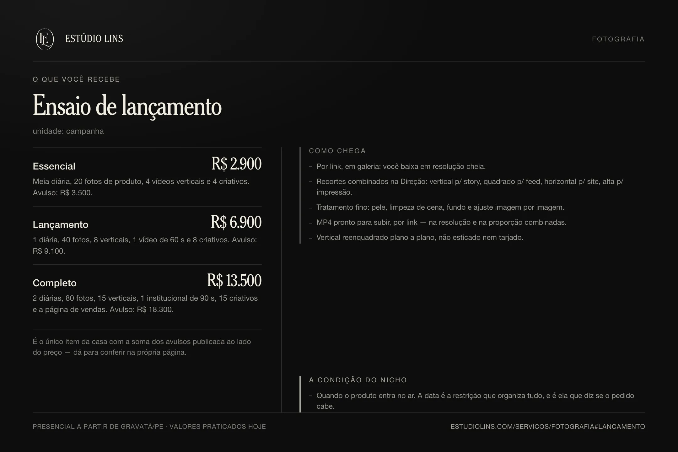 O que você recebe num ensaio de lançamento: os três conjuntos fechados com preço e o que cada um entrega