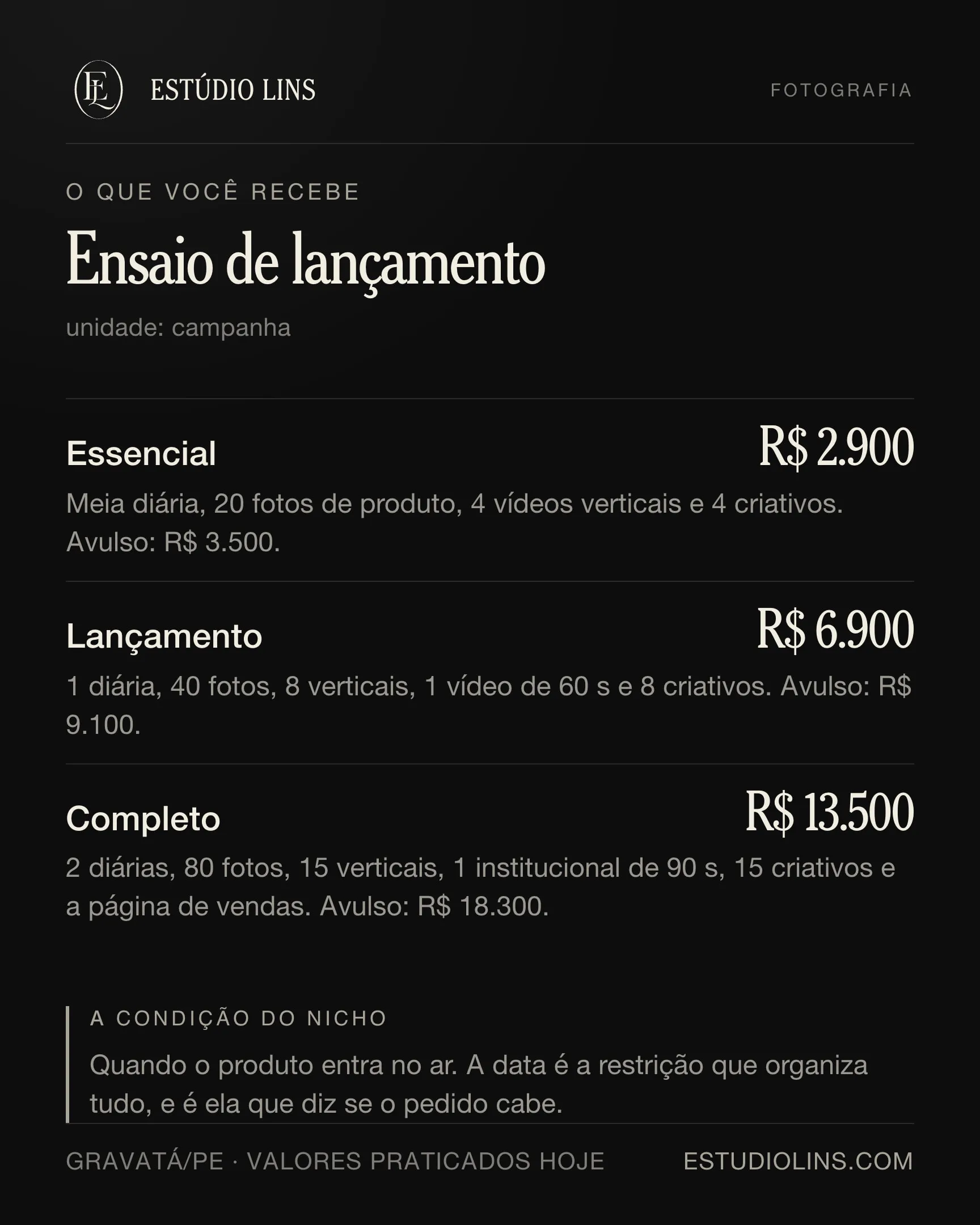 O que você recebe em ensaio de lançamento: os degraus com preço, o que muda em cada um e as condições do nicho