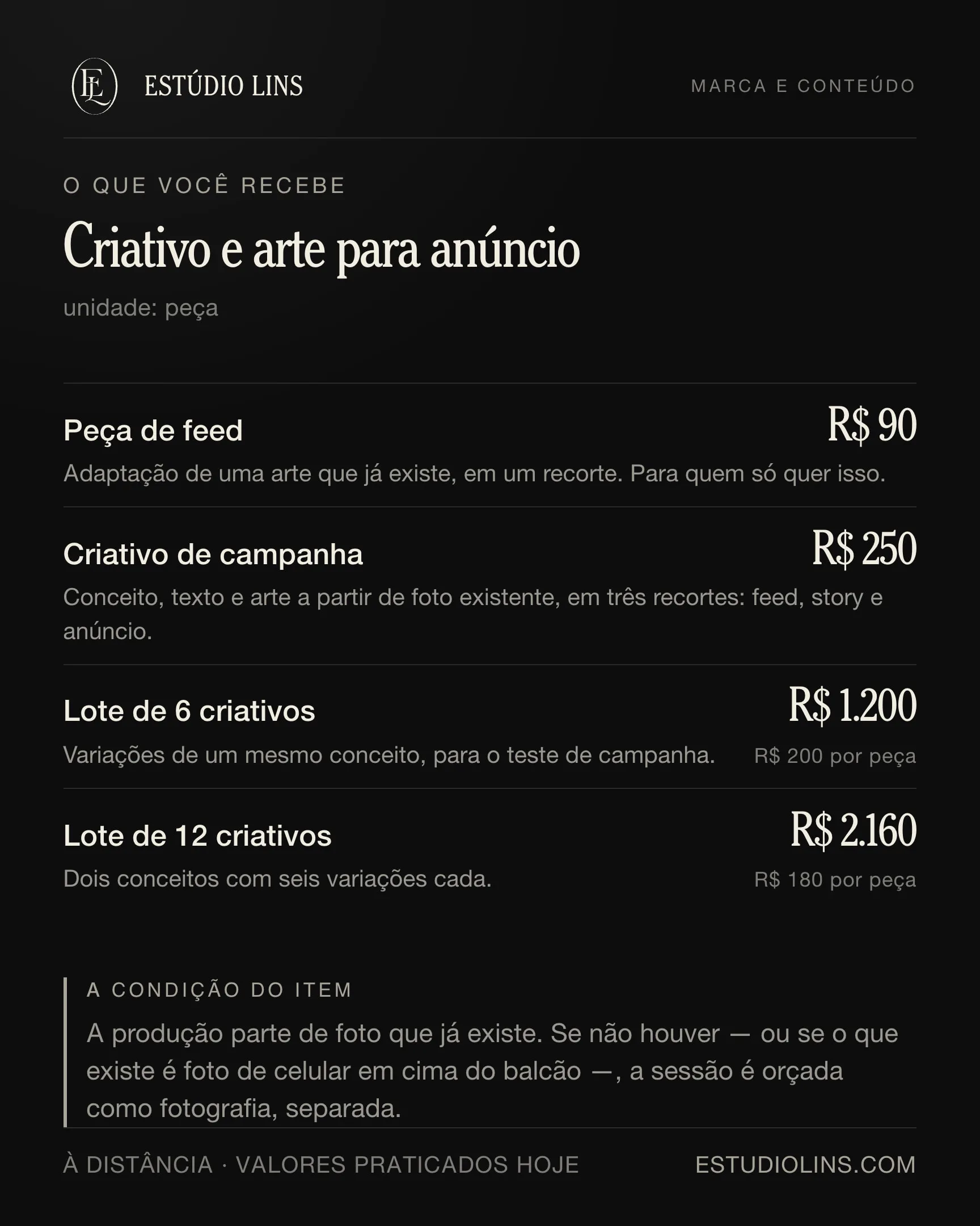 O que você recebe em criativo e arte para anúncio: os degraus com preço, o que muda em cada um e a condição do item