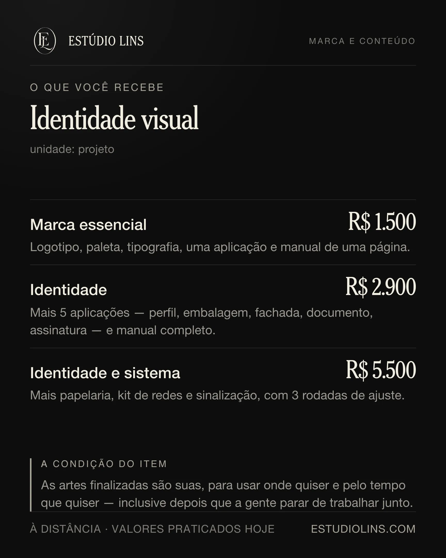 O que você recebe em identidade visual: os degraus com preço, o que muda em cada um e a condição do item