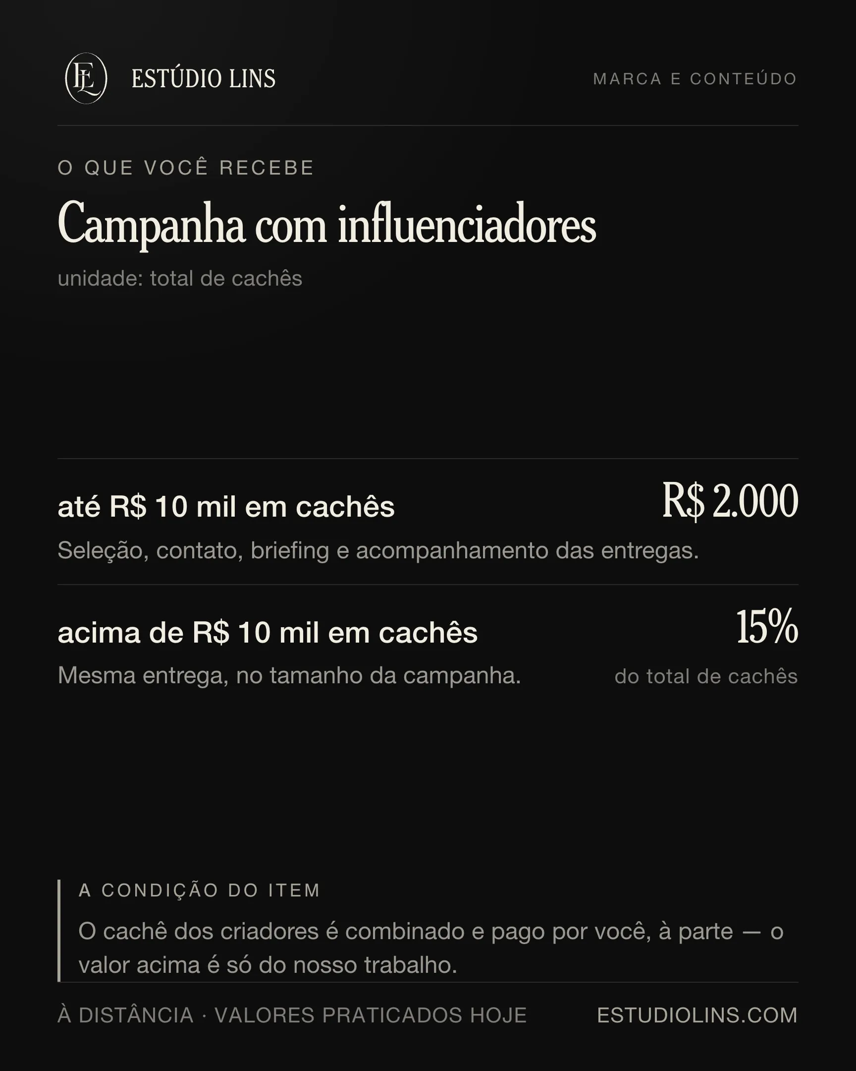 O que você recebe em campanha com influenciadores: os degraus com preço, o que muda em cada um e a condição do item