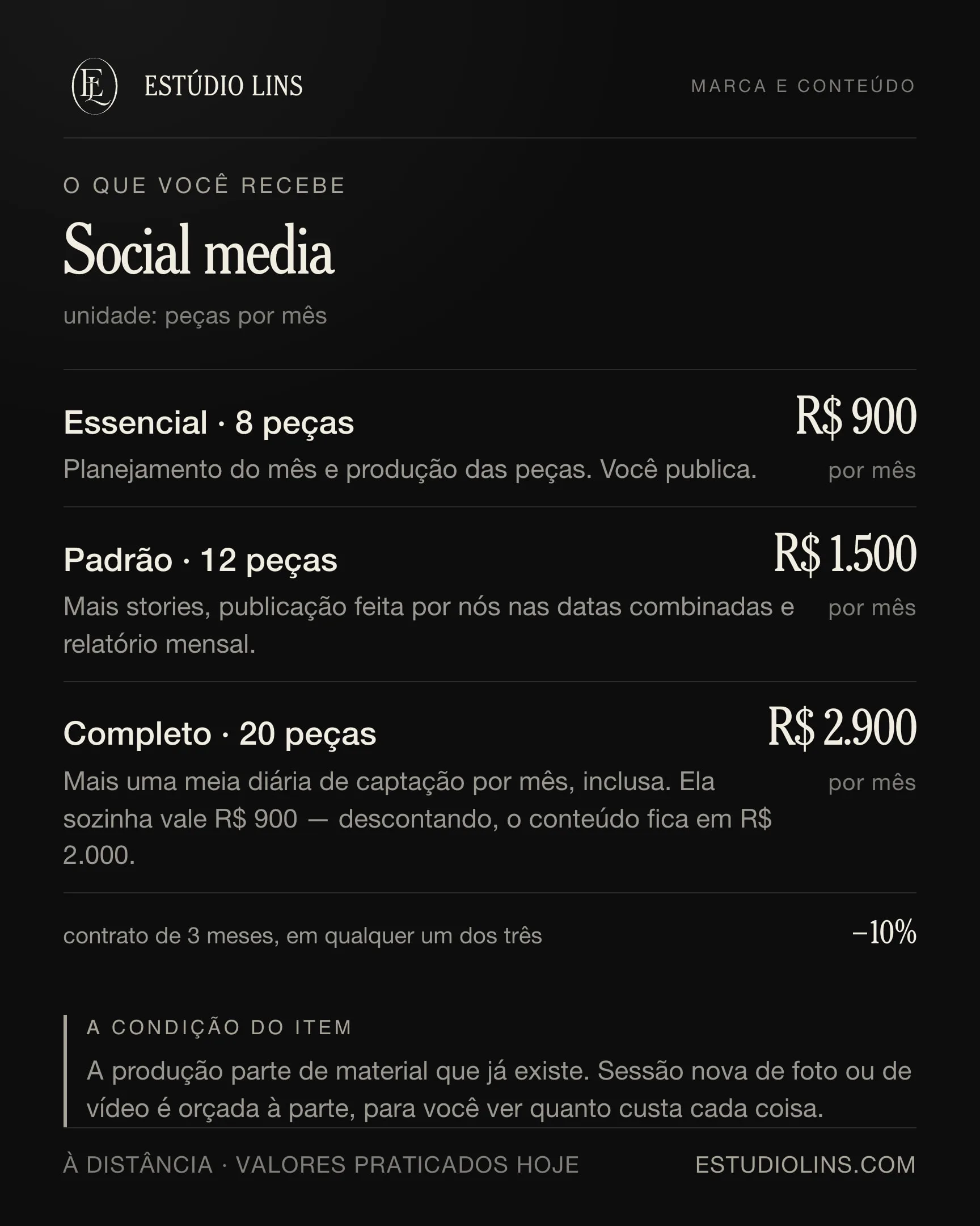 O que você recebe em social media: os degraus com preço, o que muda em cada um e a condição do item