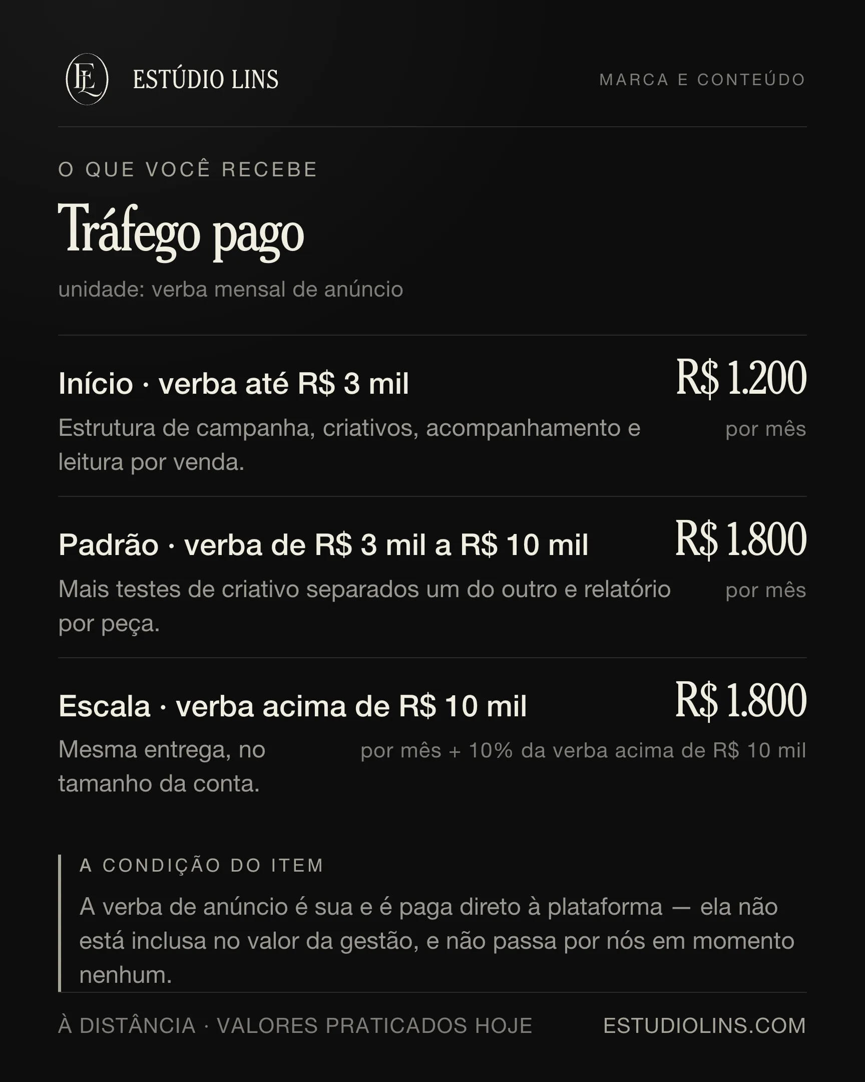 O que você recebe em tráfego pago: os degraus com preço, o que muda em cada um e a condição do item