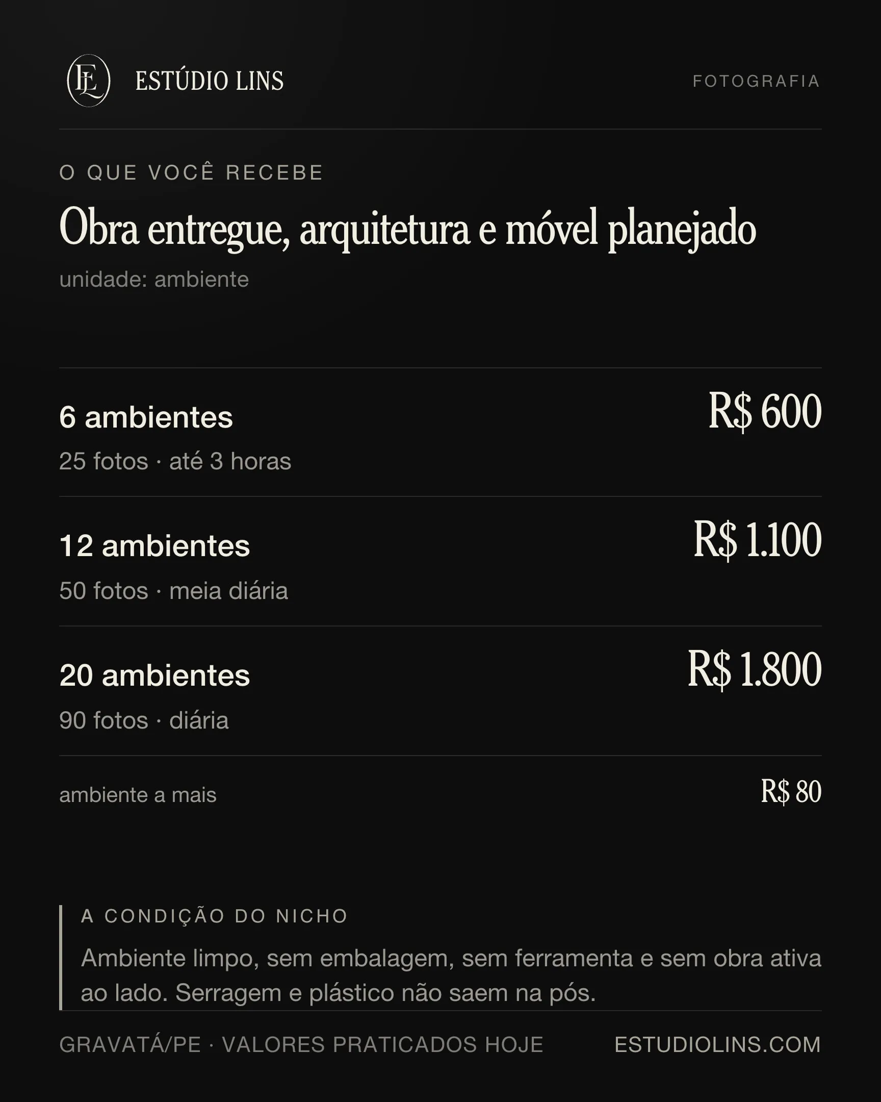 O que você recebe em obra, arquitetura e móvel planejado: os degraus com preço, o que muda em cada um e as condições do nicho