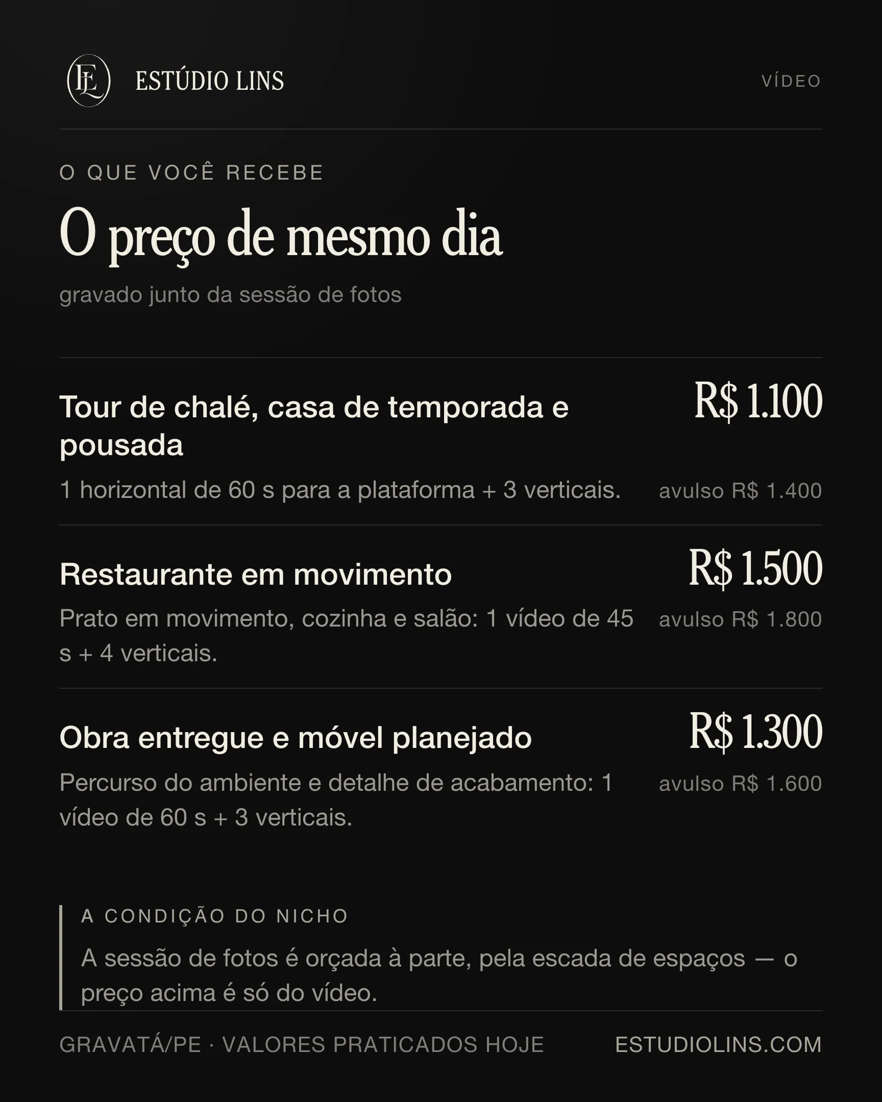 O que você recebe em avulso ou no mesmo dia da foto: os degraus com preço, o que muda em cada um e as condições