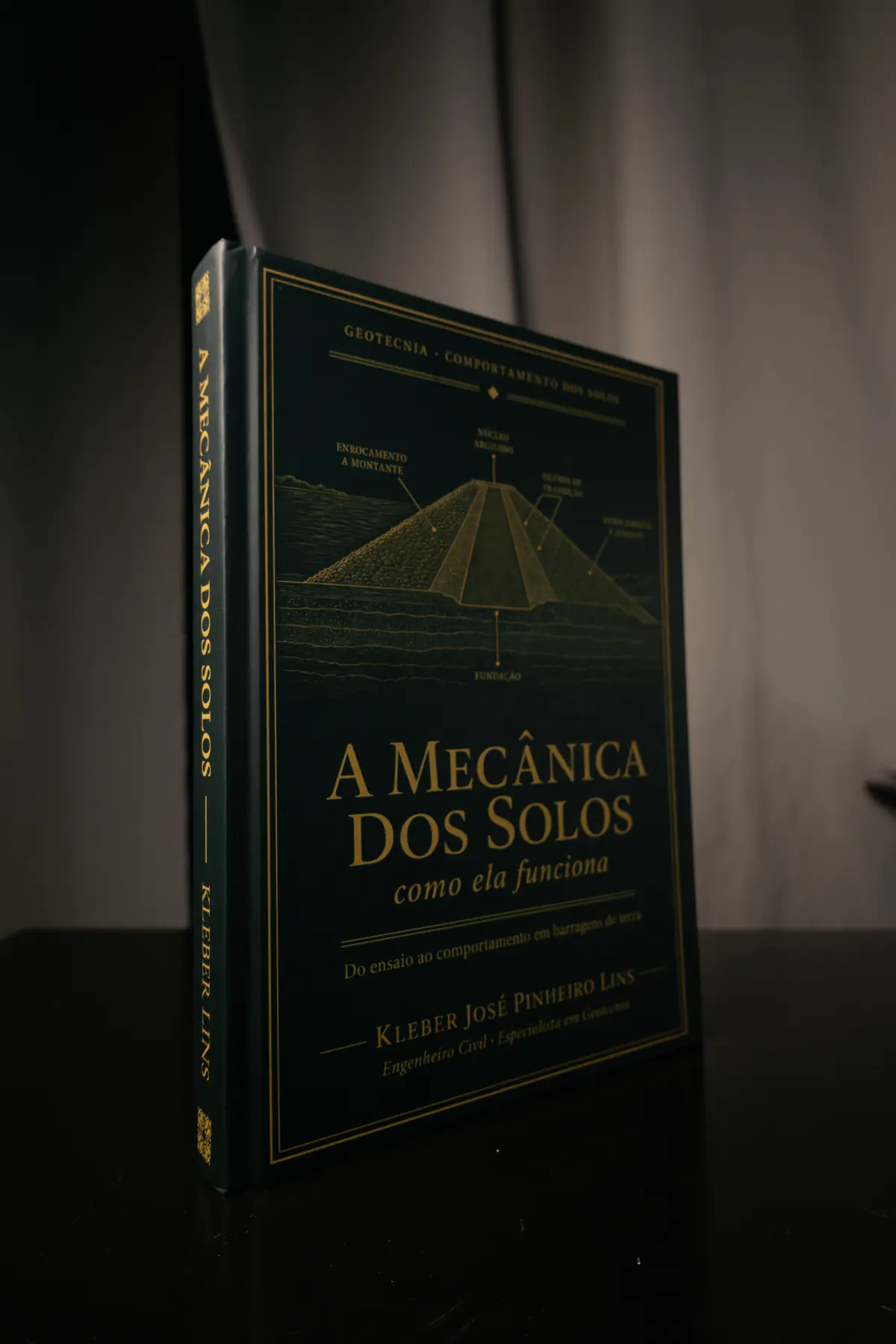 Livro em pé, capa de frente, com o título em letras douradas sobre fundo verde-escuro