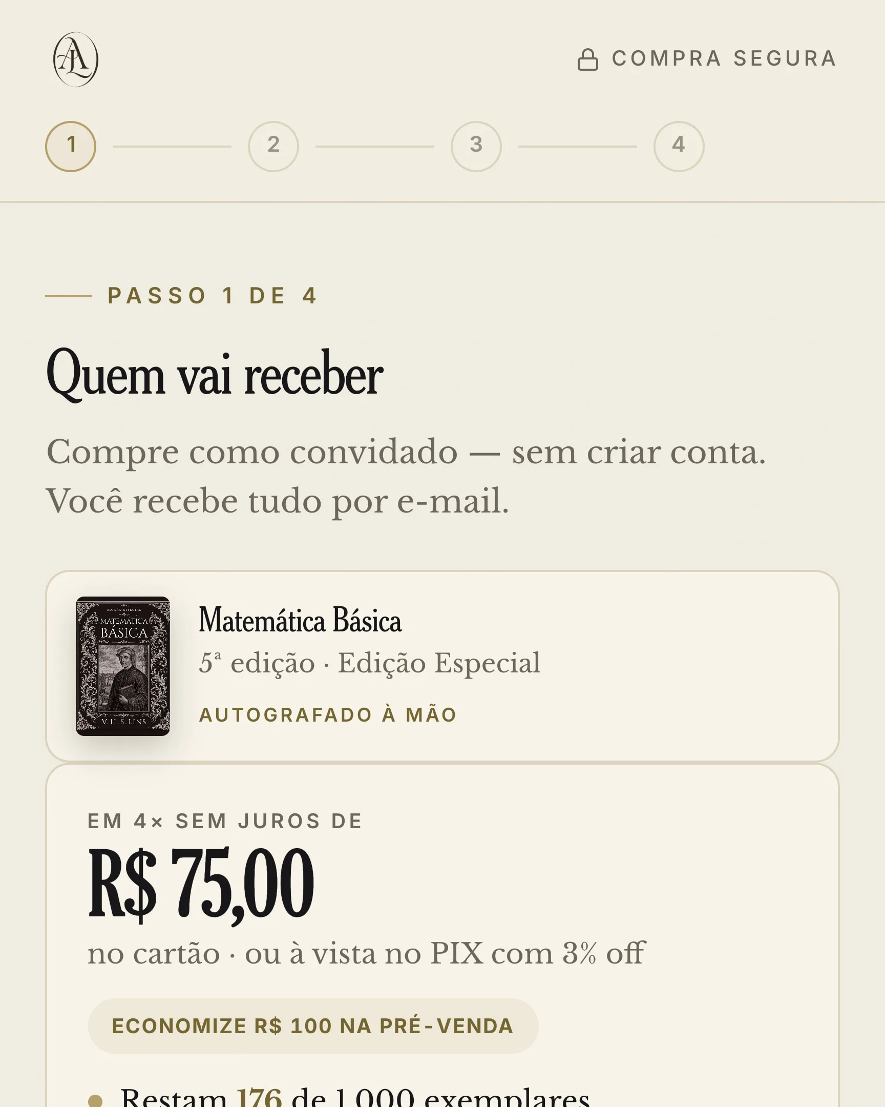 Primeiro passo do checkout próprio, em branco: compra como convidado, com os quatro passos numerados no topo