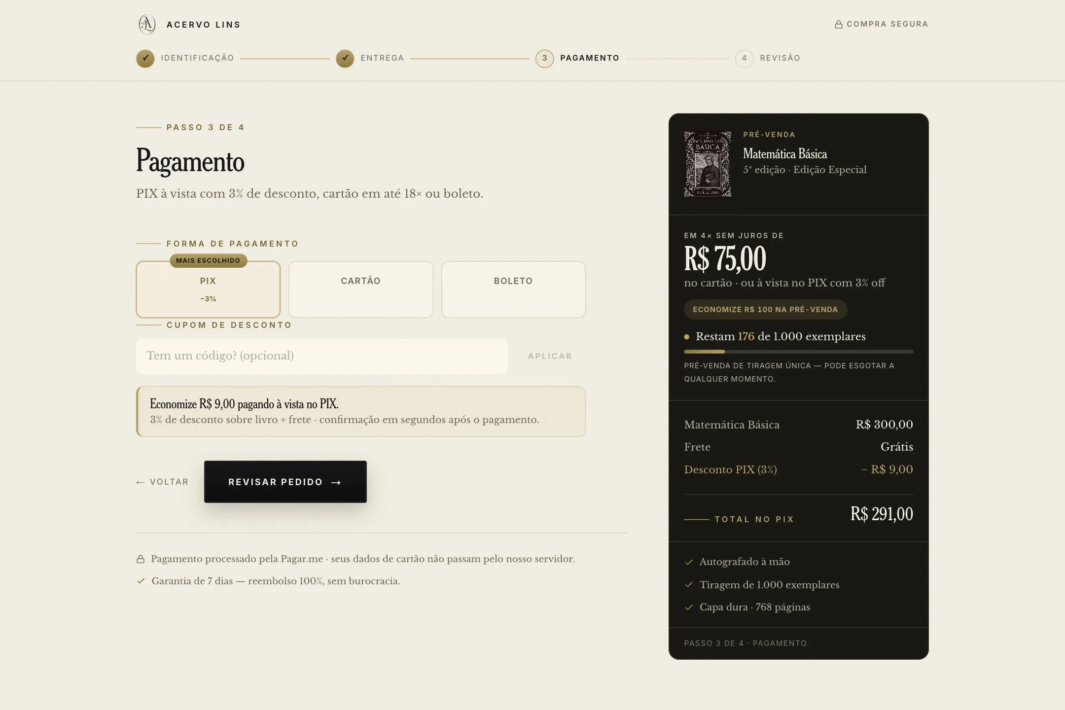 Passo de pagamento do checkout do acervolins.com: cartão, Pix e boleto, campo de cupom, e o resumo com produto, frete grátis, desconto do Pix e total