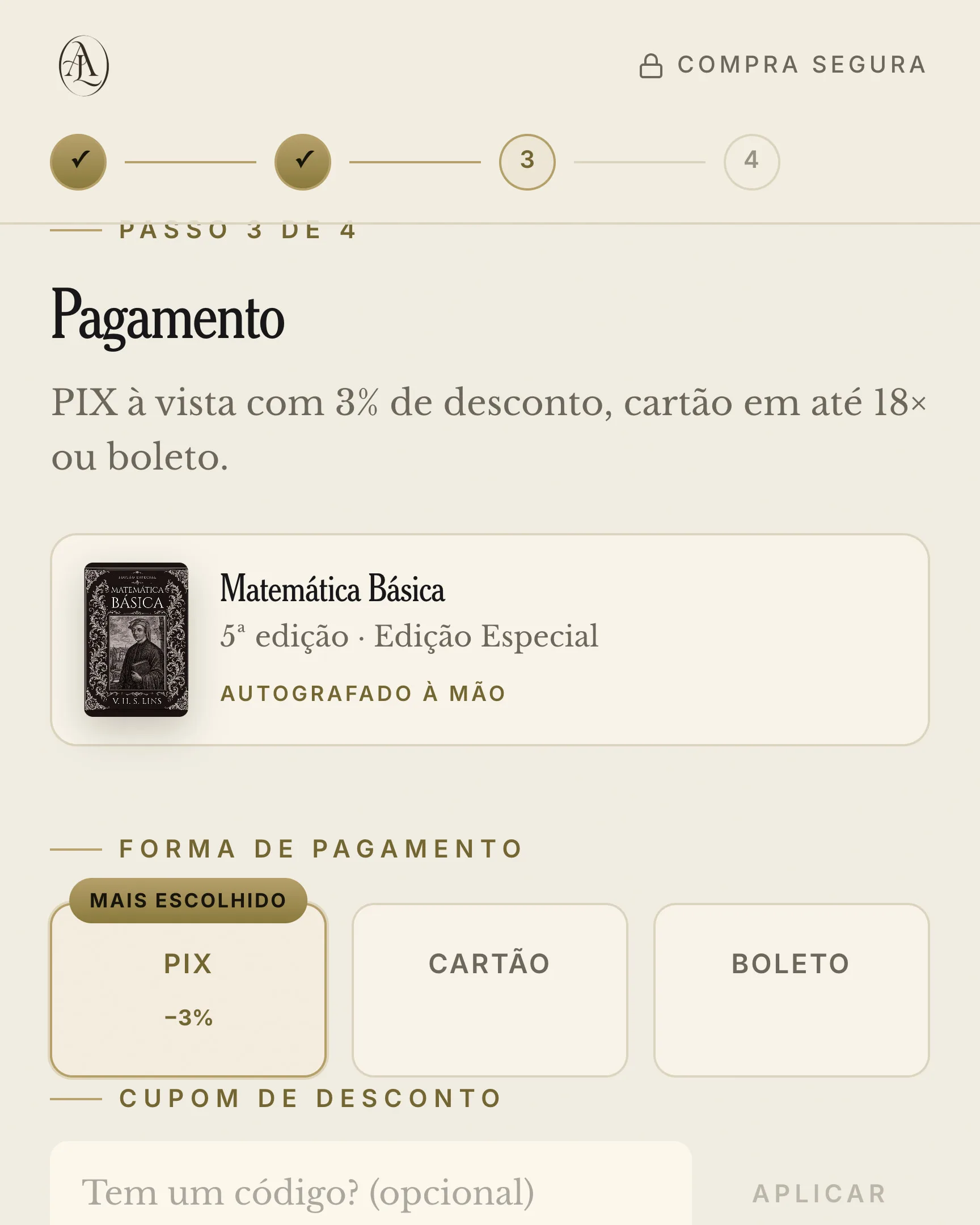 Passo de pagamento do checkout, com as três formas de pagamento, o campo de cupom e o total já com o desconto do Pix