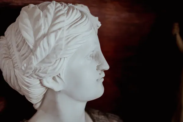 Busto de mármore de mulher com turbante esculpido, de perfil, contra a madeira