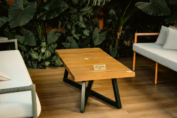 Mesa baixa entre dois sofás brancos, encostada na parede de folhagem